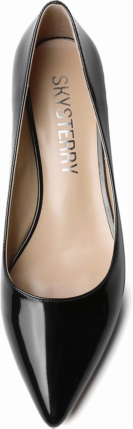 SKYSTERRY Women's Pointed Toe Patent Leather Dress Office Slip On Kitten Spool Low Heel Pumps Shoes 1.5 Inch