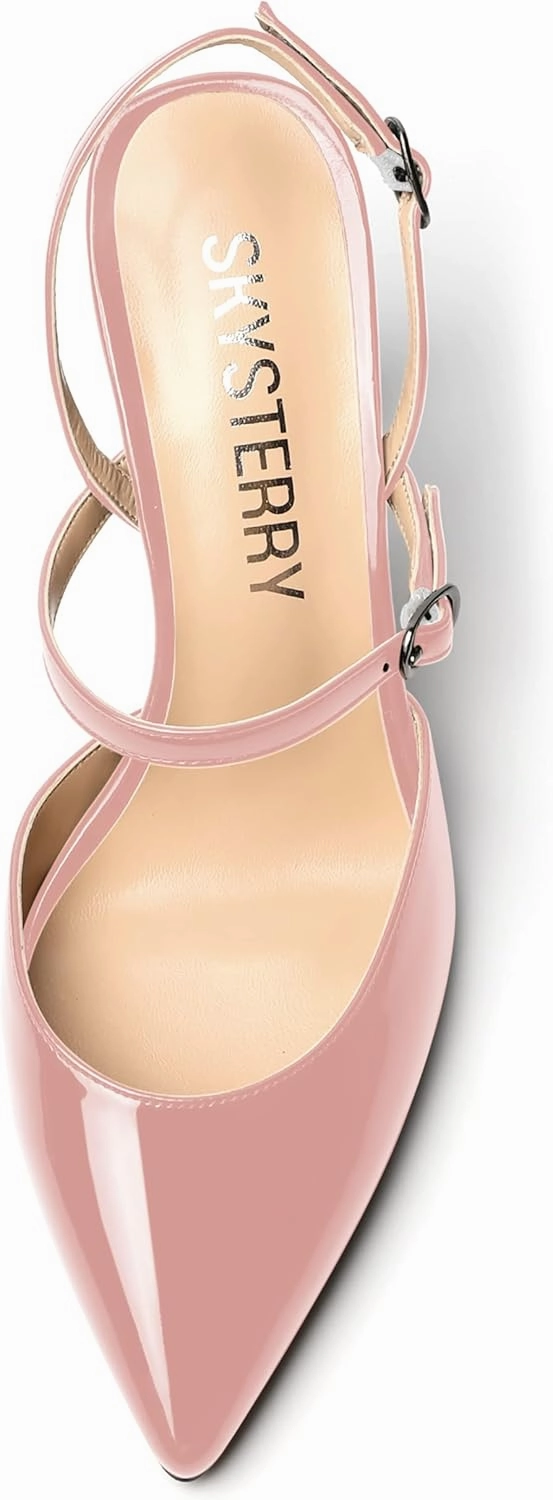 SKYSTERRY Women's Wedding Dress Patent Slingback Buckle Pointed Toe Spool High Heel Pumps Shoes 3.3 Inch