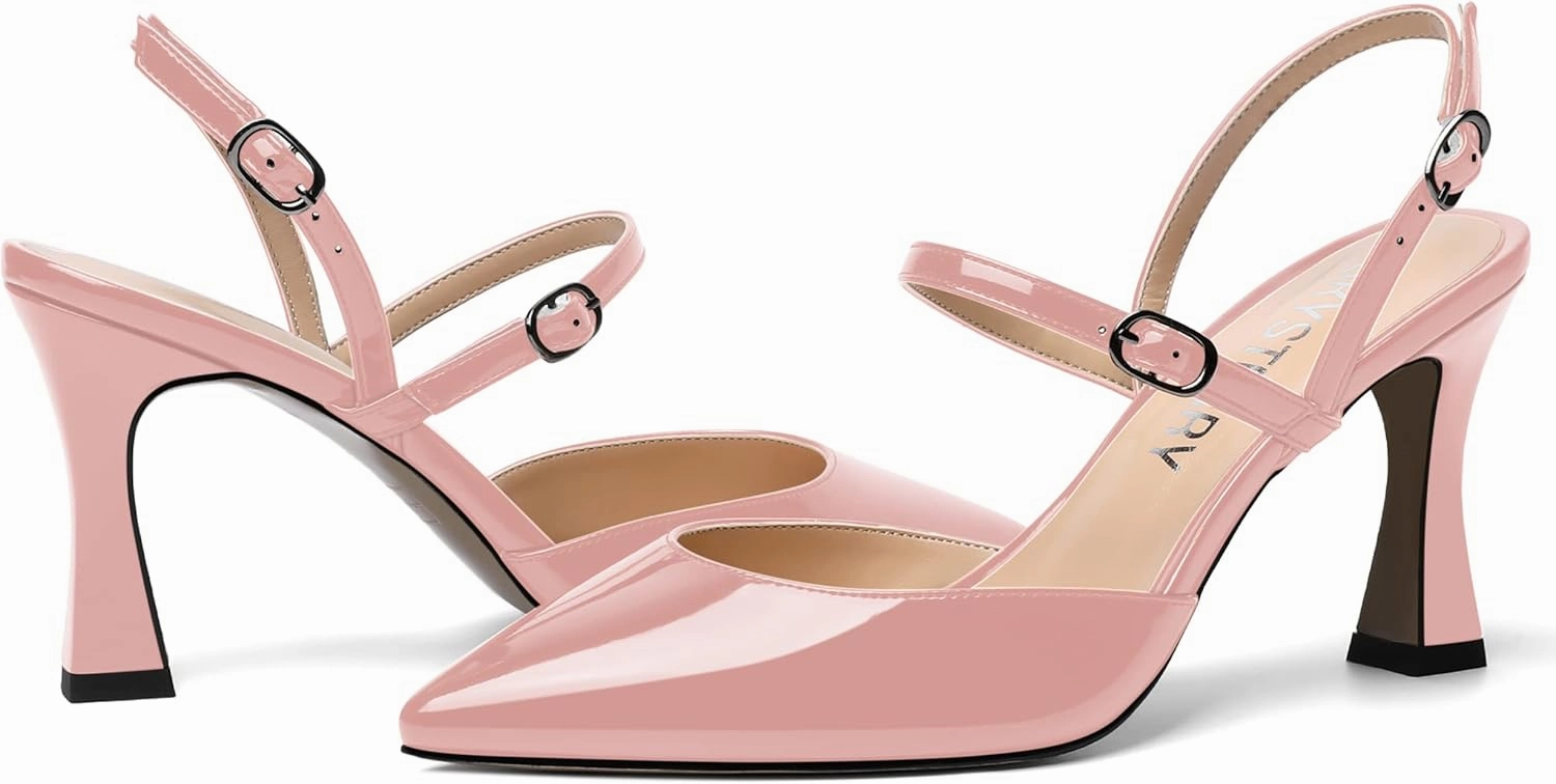 SKYSTERRY Women's Wedding Dress Patent Slingback Buckle Pointed Toe Spool High Heel Pumps Shoes 3.3 Inch