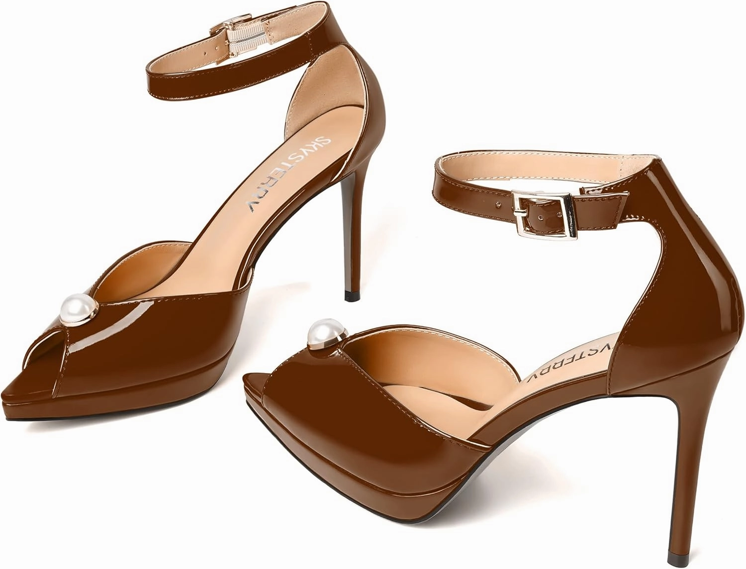 SKYSTERRY Womens Cute Peep Toe Platform Patent Ankle Strap Wedding Buckle Stiletto High Heel Pumps Shoes 4 Inch