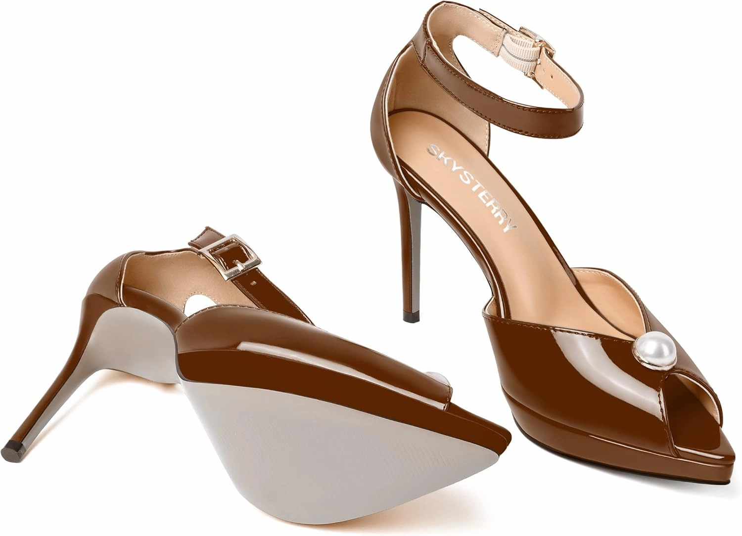 SKYSTERRY Womens Cute Peep Toe Platform Patent Ankle Strap Wedding Buckle Stiletto High Heel Pumps Shoes 4 Inch
