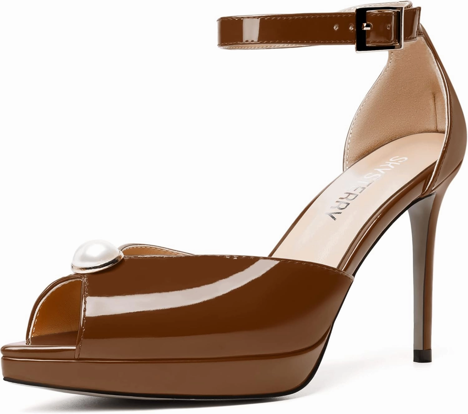 SKYSTERRY Womens Cute Peep Toe Platform Patent Ankle Strap Wedding Buckle Stiletto High Heel Pumps Shoes 4 Inch