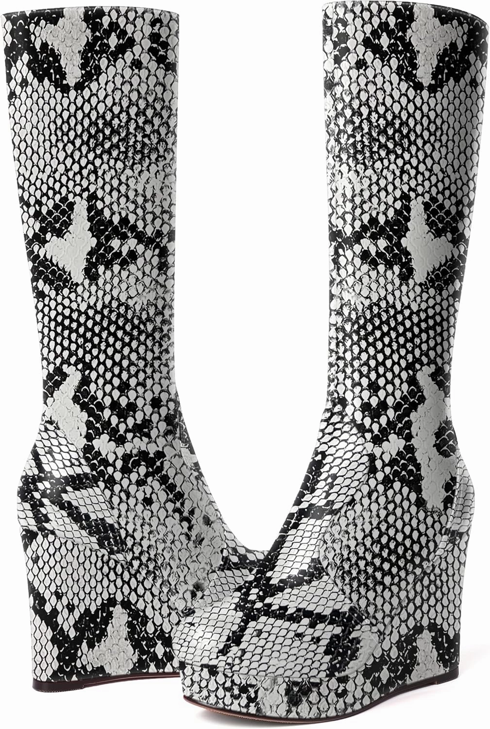 SKYSTERRY Womens Outdoor Fashion Zip Patent Platform Round Toe Wedge High Heel Mid Calf Boots 4 Inch