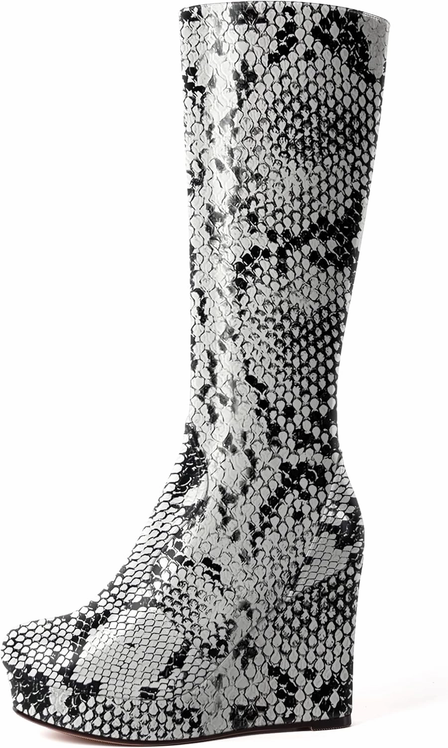 SKYSTERRY Womens Outdoor Fashion Zip Patent Platform Round Toe Wedge High Heel Mid Calf Boots 4 Inch