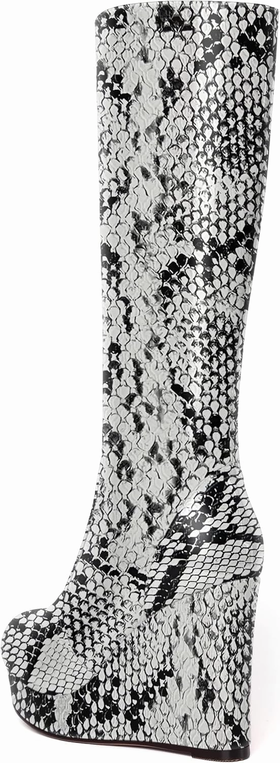 SKYSTERRY Womens Outdoor Fashion Zip Patent Platform Round Toe Wedge High Heel Mid Calf Boots 4 Inch