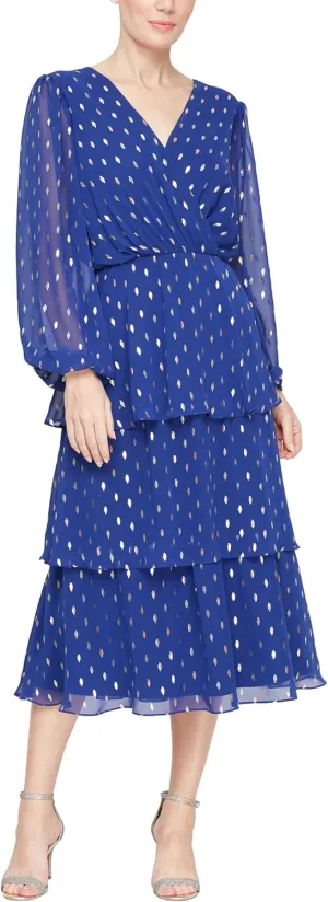 S.L. Fashions Women's Midi Tiered Foil Dot Long Sleeve Mother of The Bride Dress with Ruched Waist and Surplice Neckline