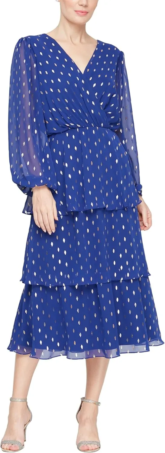 S.L. Fashions Women's Midi Tiered Foil Dot Long Sleeve Mother of The Bride Dress with Ruched Waist and Surplice Neckline