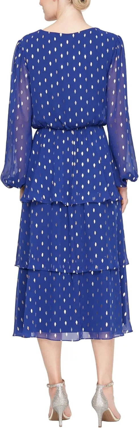 S.L. Fashions Women's Midi Tiered Foil Dot Long Sleeve Mother of The Bride Dress with Ruched Waist and Surplice Neckline