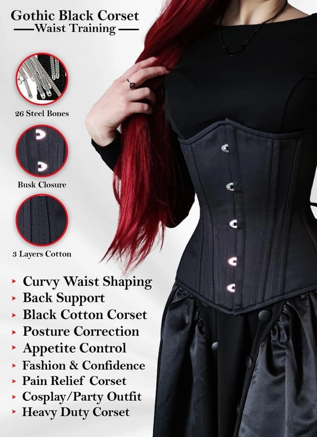 SLIMX Black Corset Underbust Long Torso Steel Boned Waist Trainer for Women Plus Size Heavy Duty Open Cup Corset Hourglass