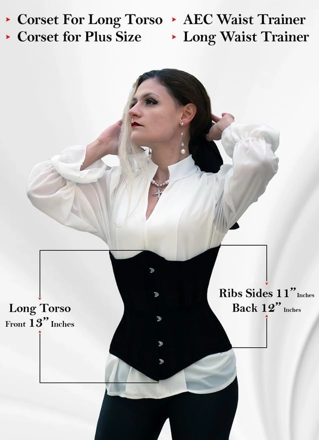SLIMX Black Corset Underbust Long Torso Steel Boned Waist Trainer for Women Plus Size Heavy Duty Open Cup Corset Hourglass