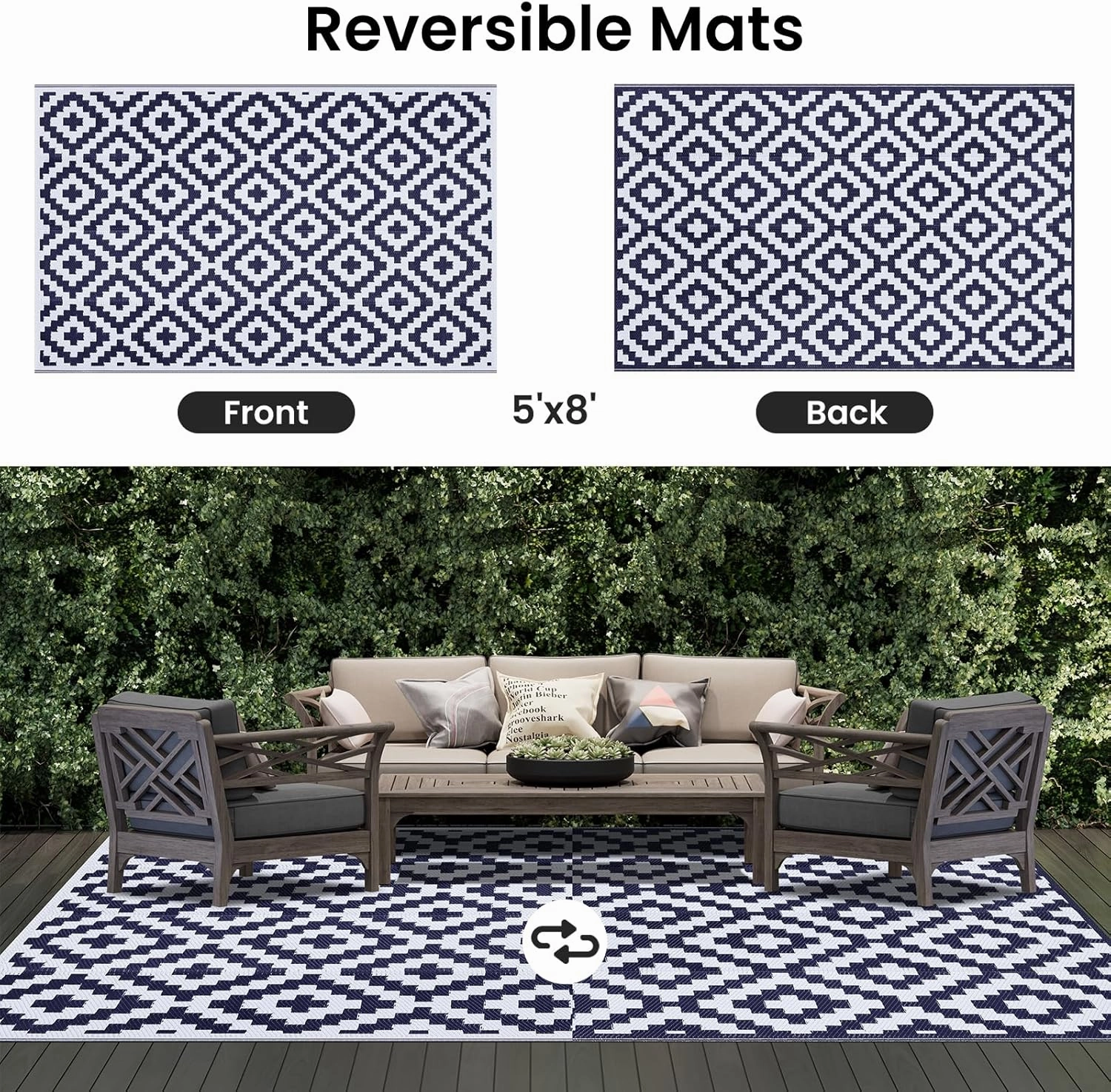 Smiry Waterproof Outdoor Rug 5x8 ft, Reversible Plastic Straw Patio Camping Rugs, Outdoor Indoor RV Mat Carpet for Patio, Outside Entry, Backyard, Deck, Bench, Picnic, Camper, White & Navy