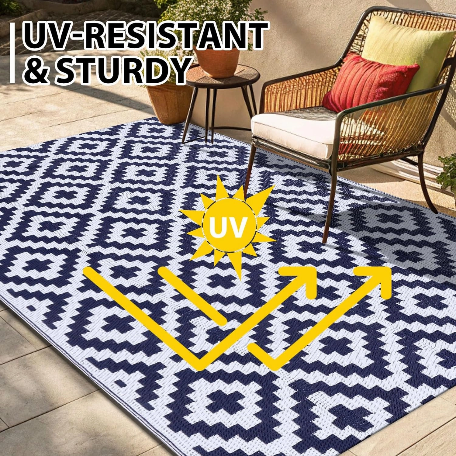 Smiry Waterproof Outdoor Rug 5x8 ft, Reversible Plastic Straw Patio Camping Rugs, Outdoor Indoor RV Mat Carpet for Patio, Outside Entry, Backyard, Deck, Bench, Picnic, Camper, White & Navy