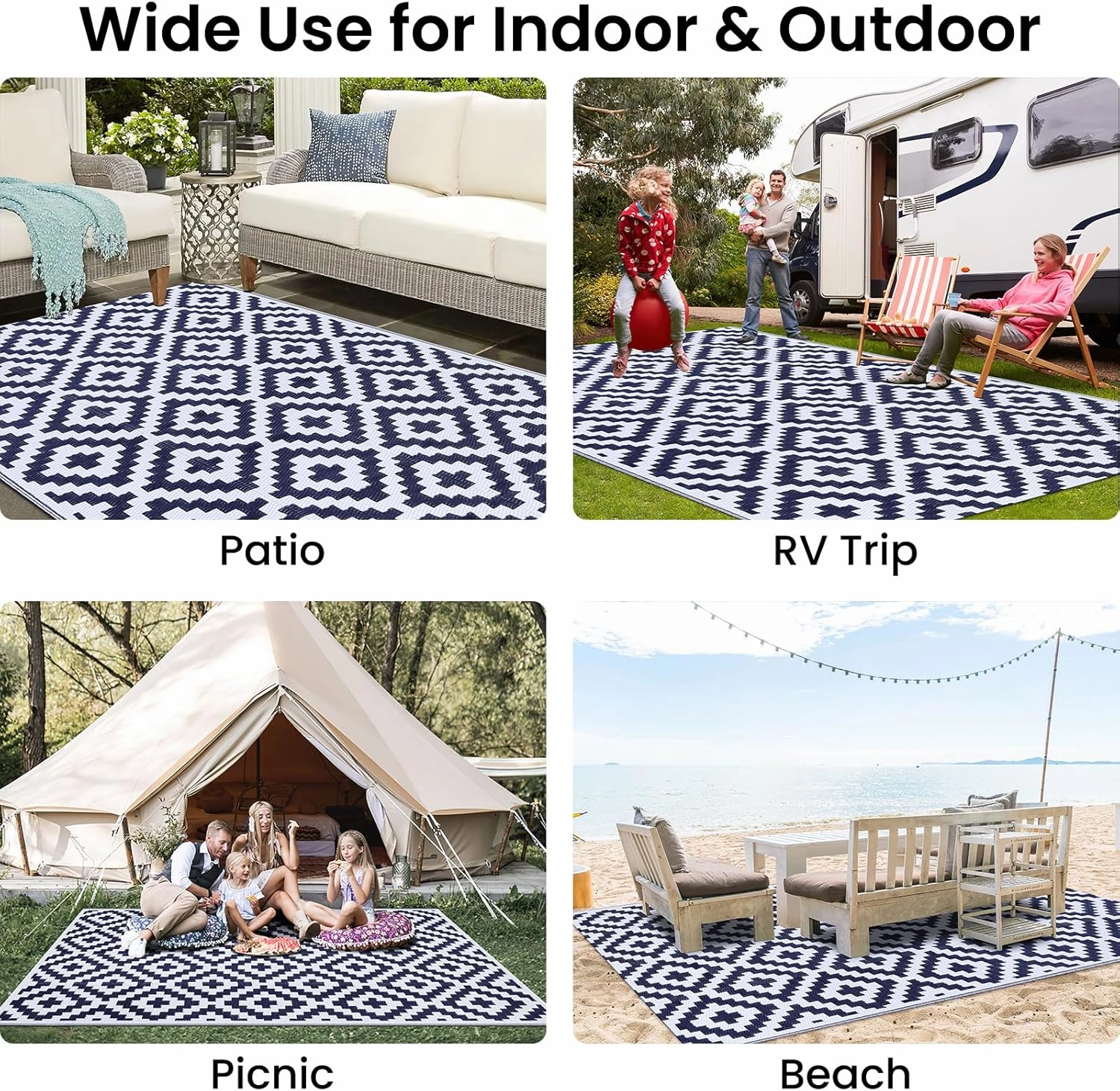 Smiry Waterproof Outdoor Rug 5x8 ft, Reversible Plastic Straw Patio Camping Rugs, Outdoor Indoor RV Mat Carpet for Patio, Outside Entry, Backyard, Deck, Bench, Picnic, Camper, White & Navy