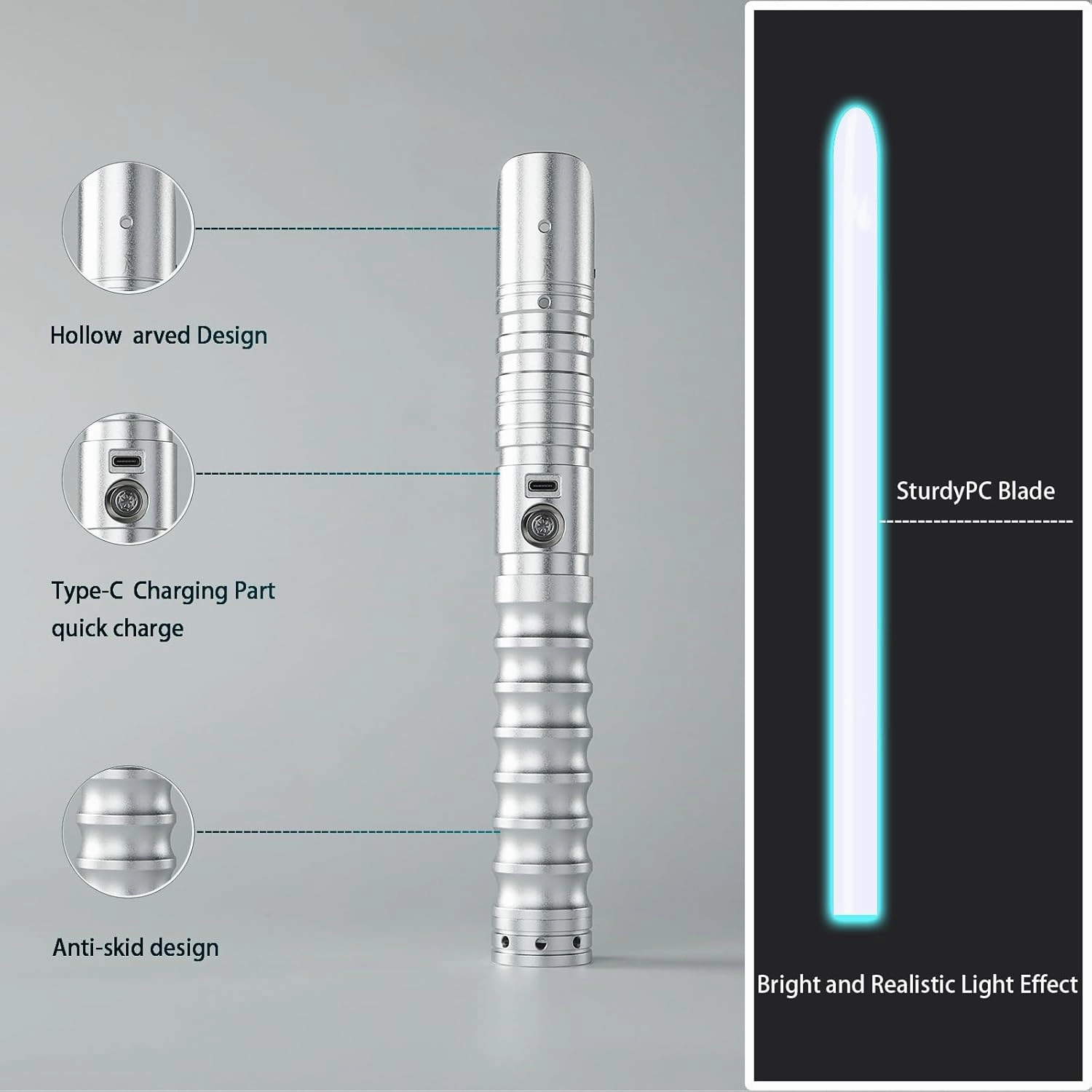 Smooth Swing Lightsaber Metal Hill FX Dueling Motion Control Heavy-Duty Light Saber with 4 Sounds Fonts and 16 RGB Infinite Color Changing (Silver Handle)