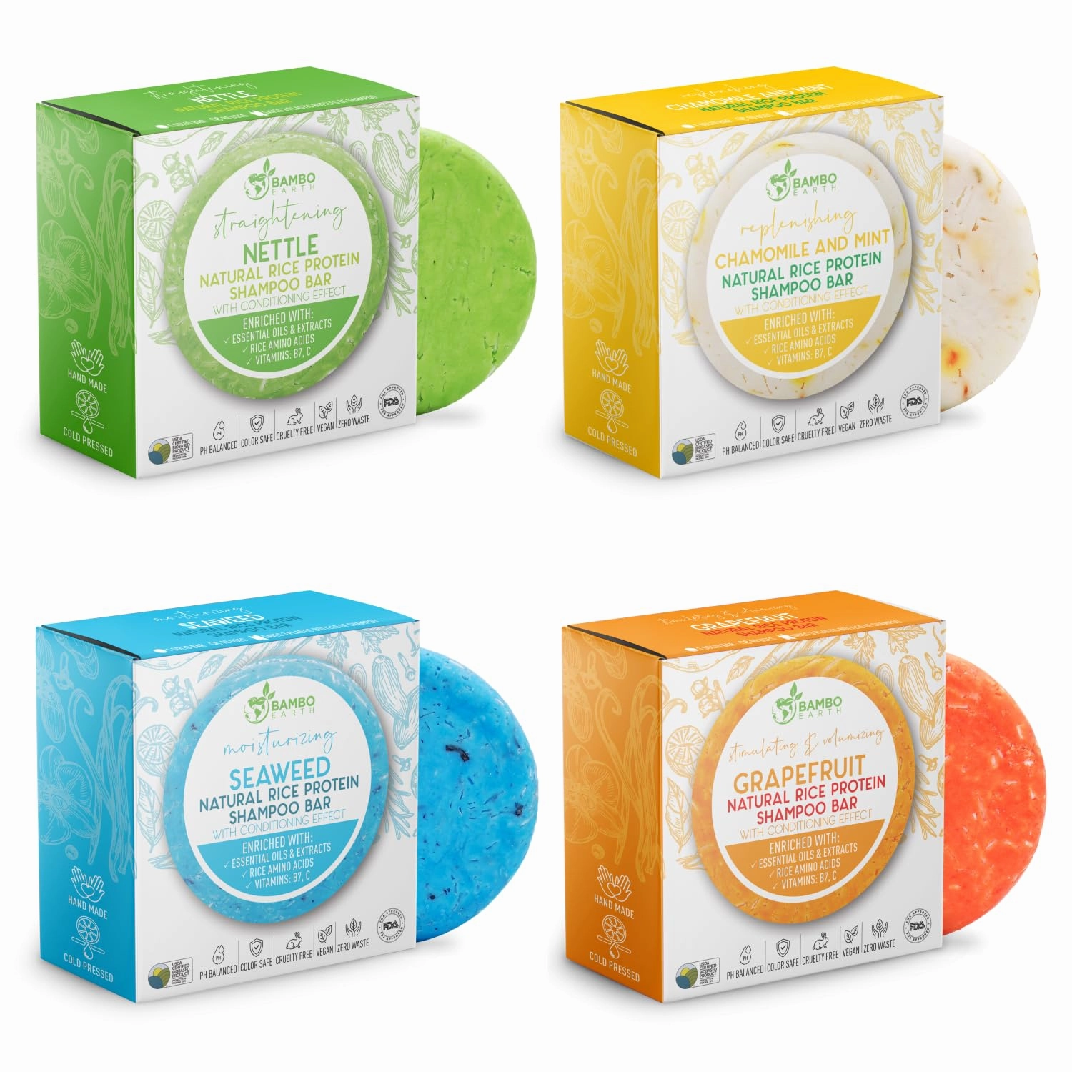 Solid Rice Protein Water Shampoo Bar With Conditioner Effect Hair Soap – Shampoo Bars For Hair With All Natural Plant Based Essential Oils And Zero Waste Packaging | Refreshing Bundle 4 Pack