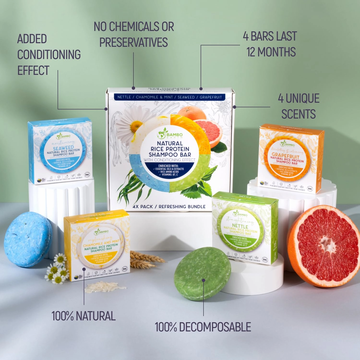 Solid Rice Protein Water Shampoo Bar With Conditioner Effect Hair Soap – Shampoo Bars For Hair With All Natural Plant Based Essential Oils And Zero Waste Packaging | Refreshing Bundle 4 Pack