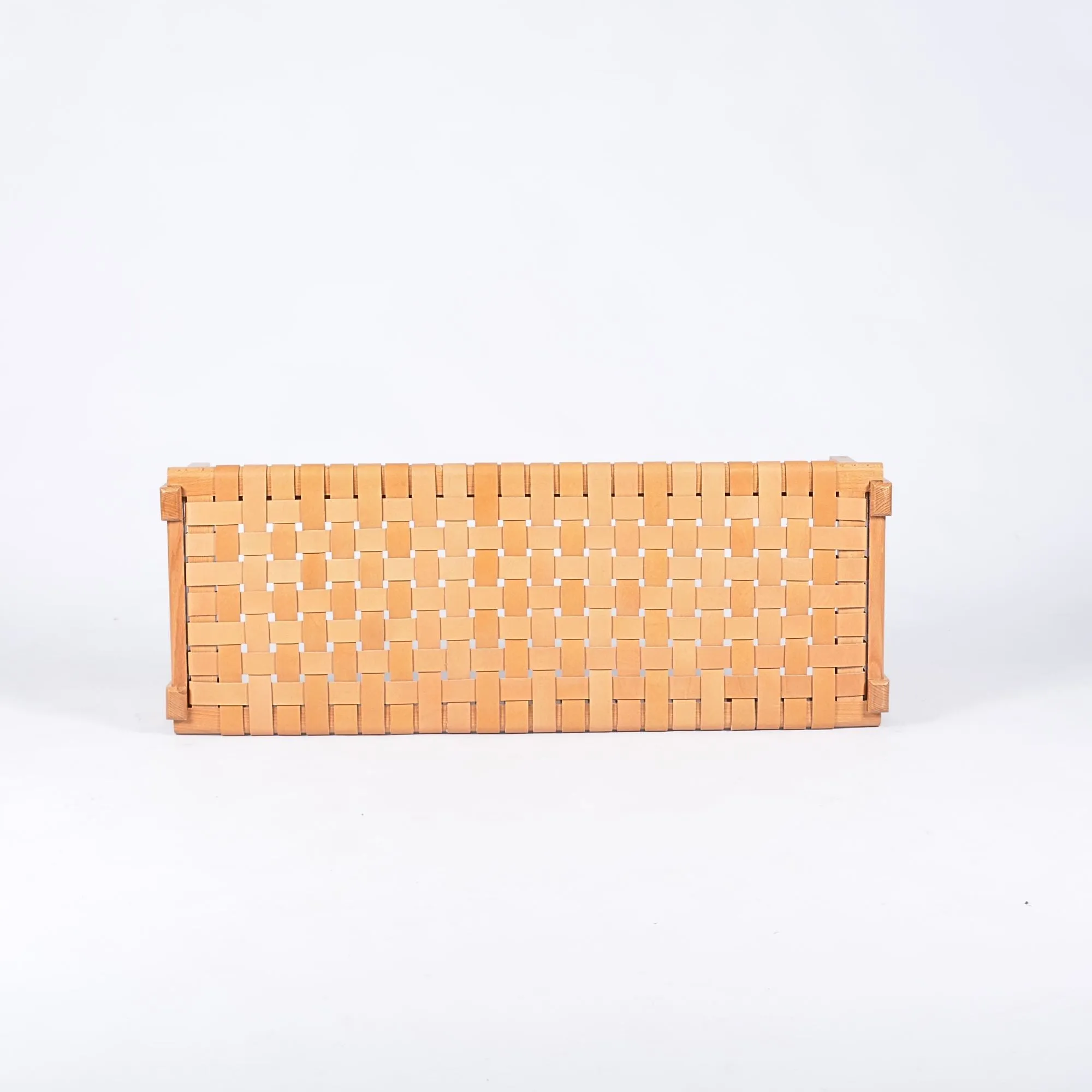Solveig Woven Leather Bench - Varnished Teak Wood With Strap Beige Leather