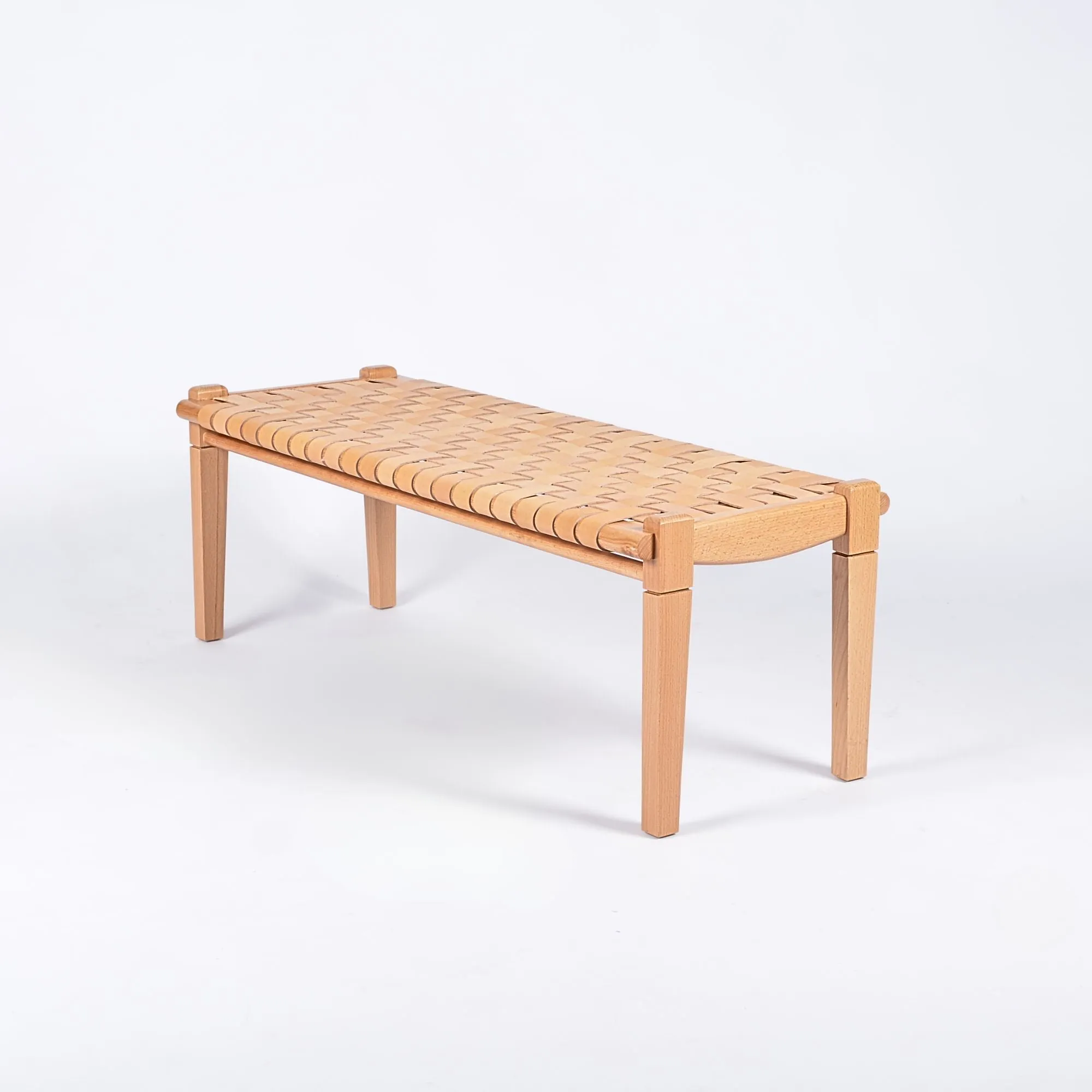 Solveig Woven Leather Bench - Varnished Teak Wood With Strap Beige Leather