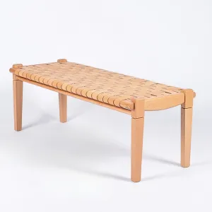 Solveig Woven Leather Bench - Varnished Teak Wood With Strap Beige Leather