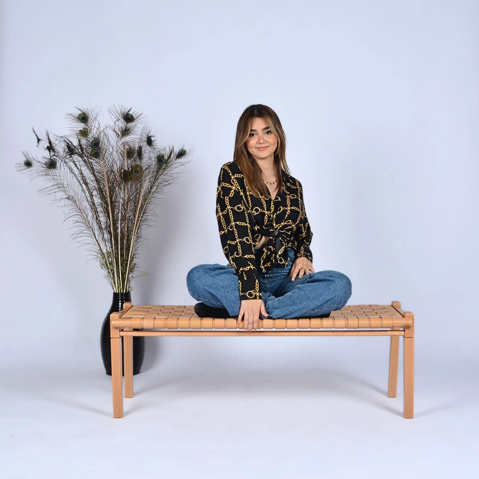 Solveig Woven Leather Bench - Varnished Teak Wood With Strap Beige Leather