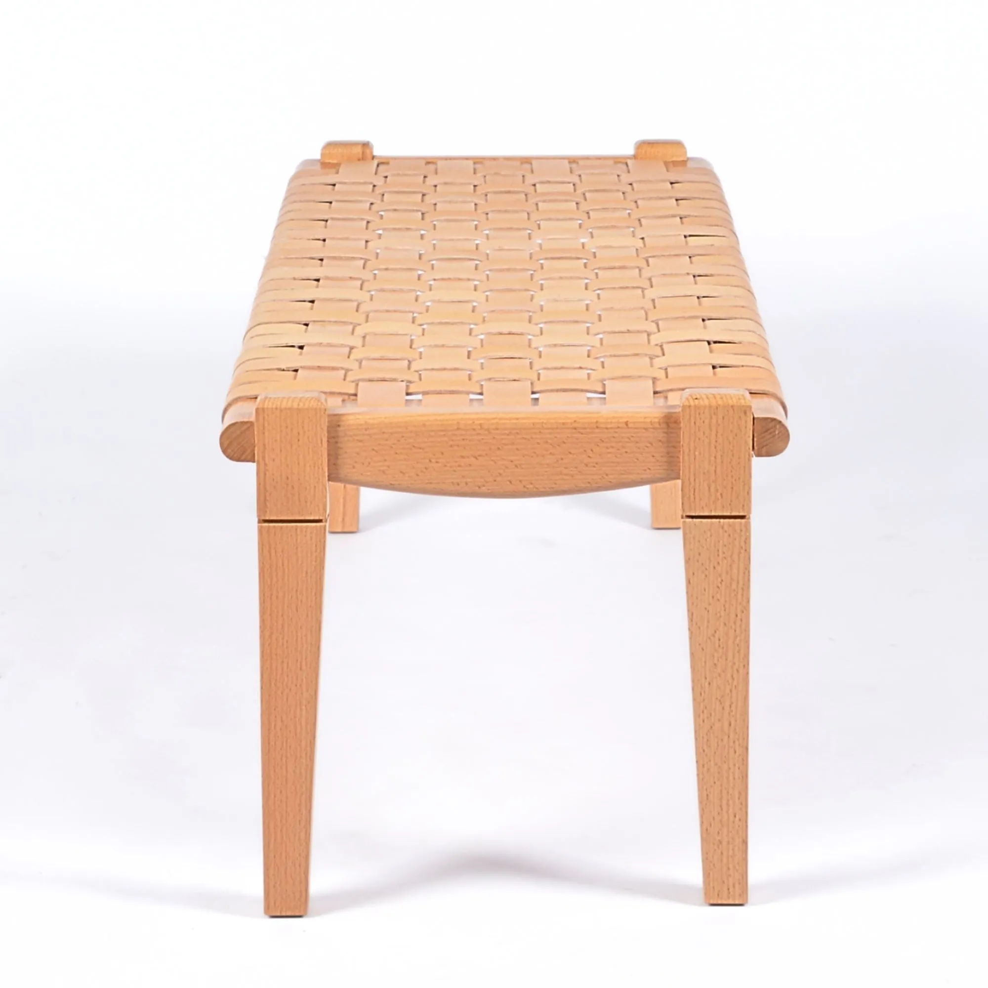 Solveig Woven Leather Bench - Varnished Teak Wood With Strap Beige Leather