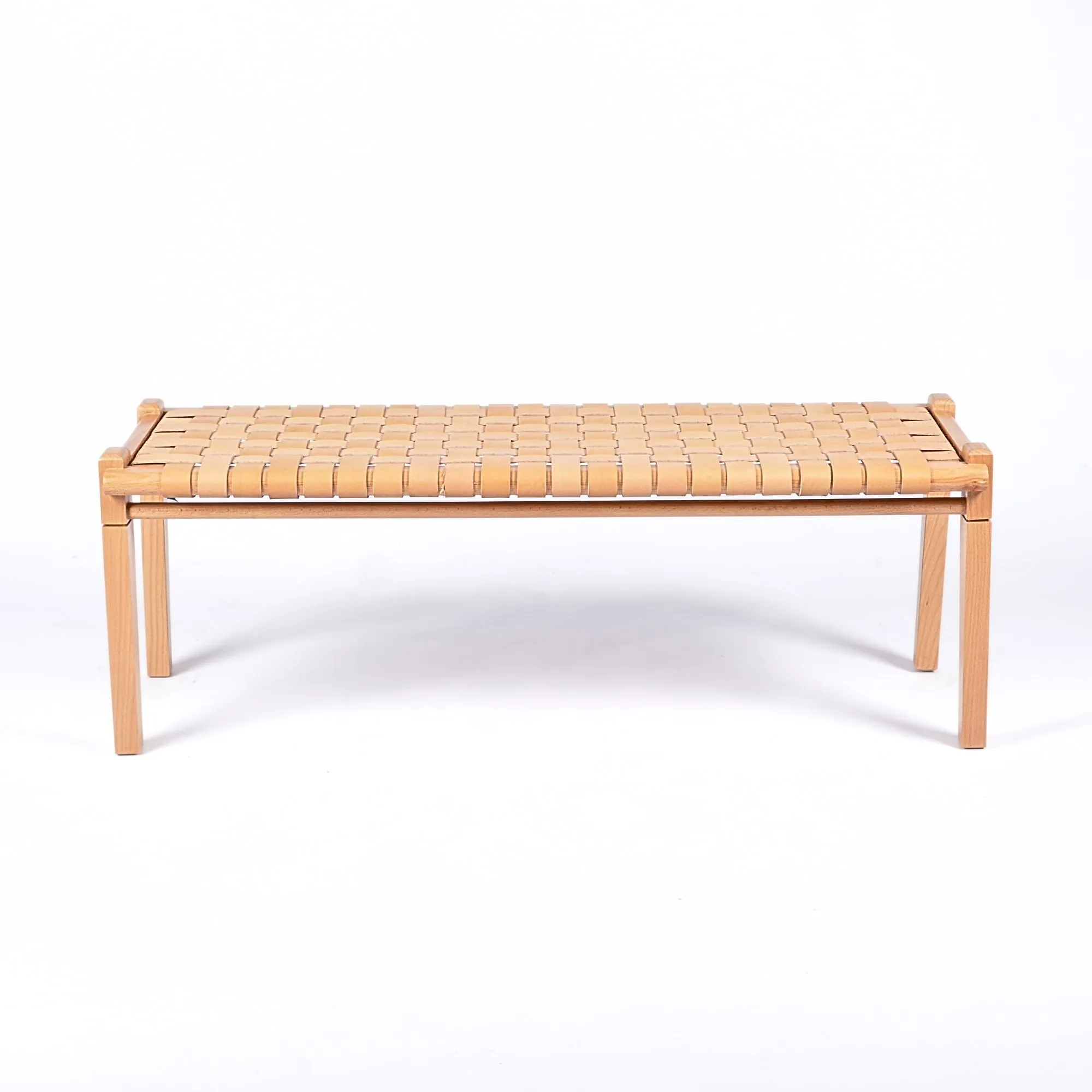 Solveig Woven Leather Bench - Varnished Teak Wood With Strap Beige Leather