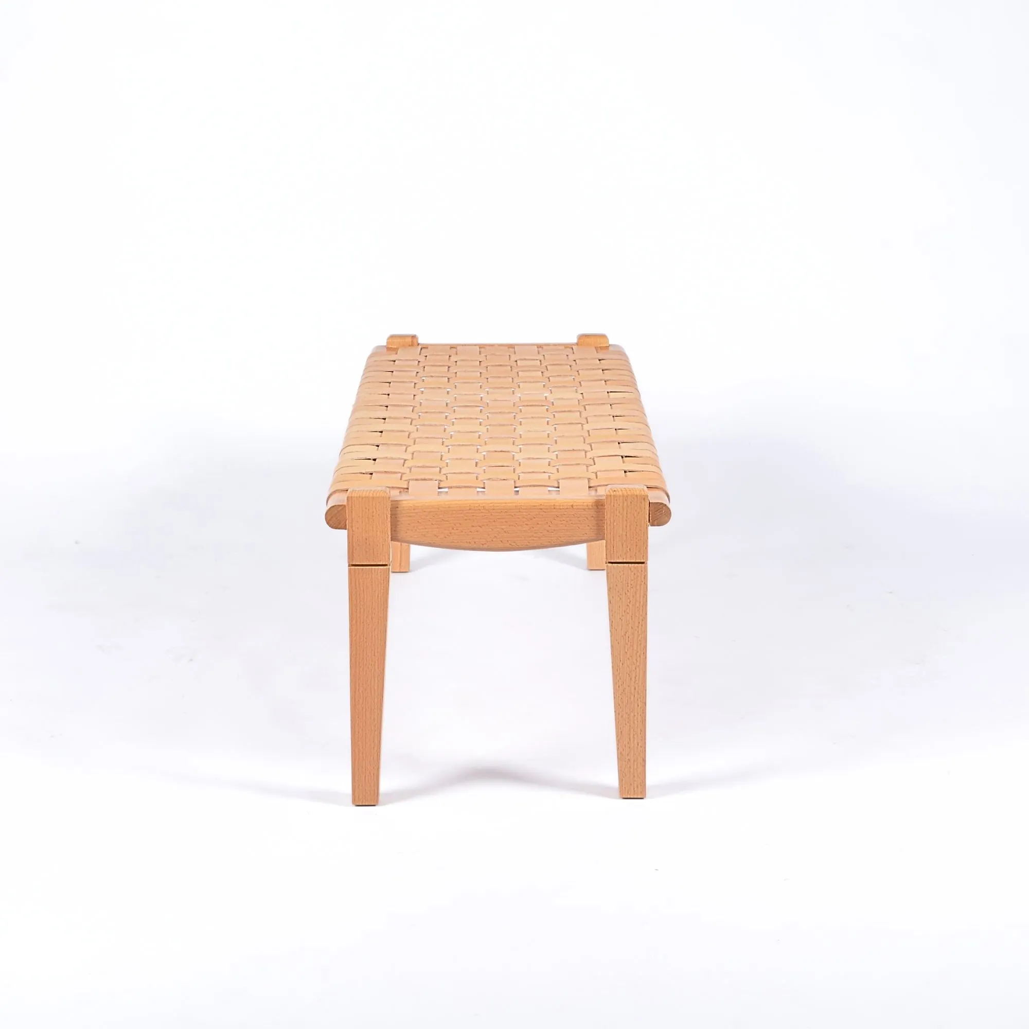 Solveig Woven Leather Bench - Varnished Teak Wood With Strap Beige Leather