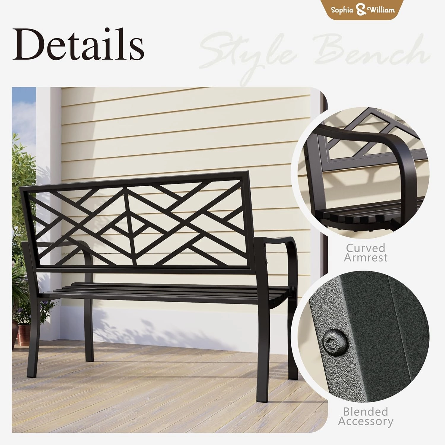 Sophia & William Outdoor Metal Bench Patio Garden Bench, Cast Iron Park Benches for Outside with Minimalist Backrest, Black