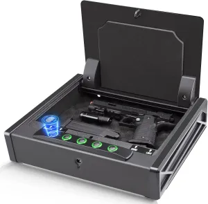 SOULYI Biometric Fingerprint Gun Safe for 3 Pistols Safe DOJ Certified with 3 Quick Access Handgun,Digital Keypad Frosted Black Bedside Firearm Safety Car Safe Hardened Steel Lock Box
