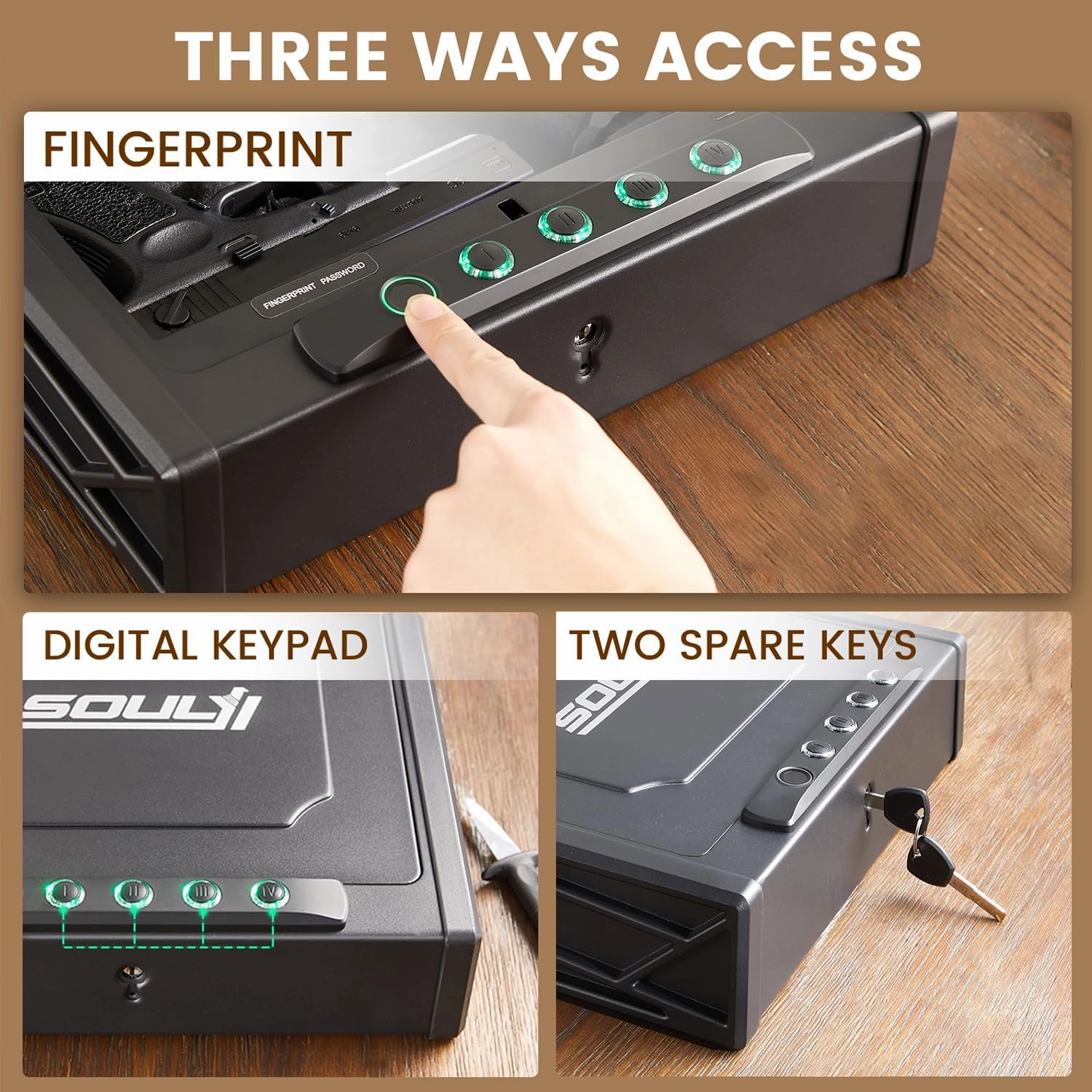 SOULYI Biometric Fingerprint Gun Safe for 3 Pistols Safe DOJ Certified with 3 Quick Access Handgun,Digital Keypad Matt Black Bedside Firearm Safety Car Safe Hardened Steel Lock Box