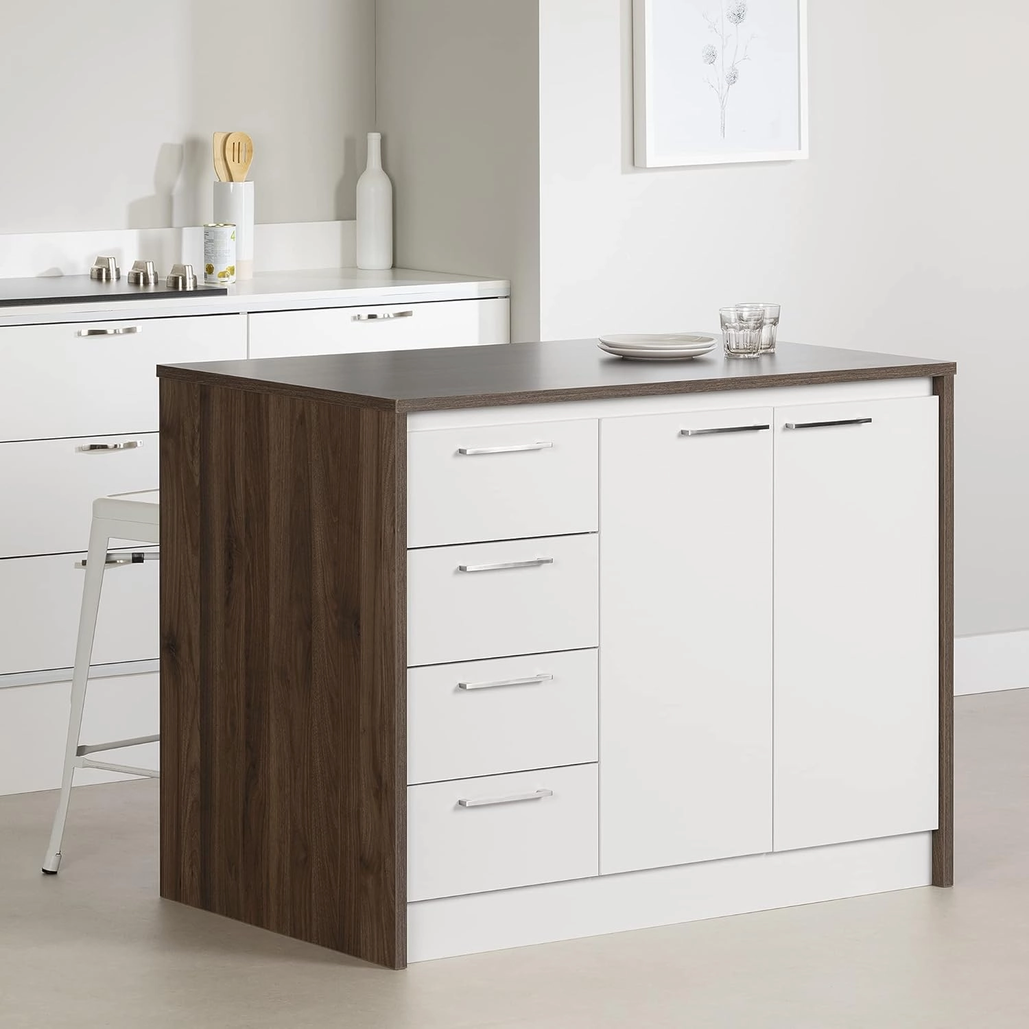 South Shore Kitchen Island, Natural Walnut and White