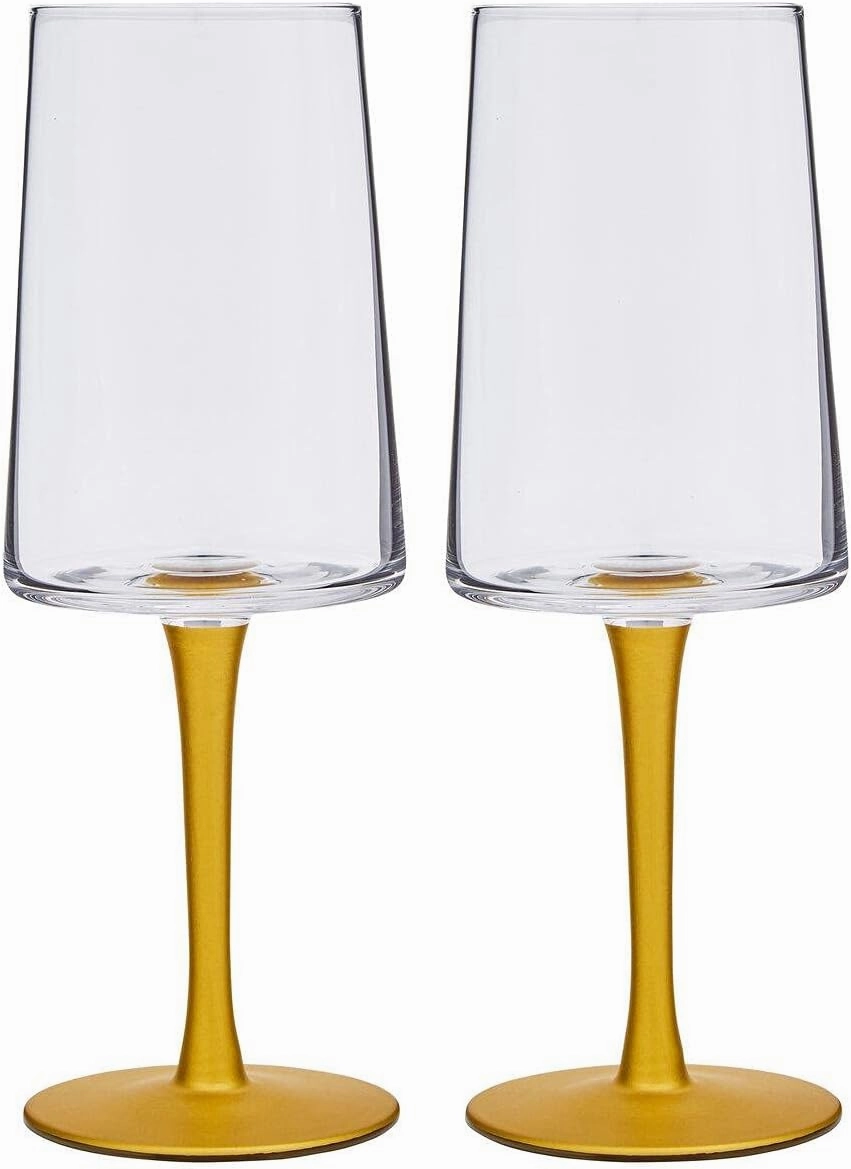 Spode Creatures of Curiosity Collection Gold Stem Wine Glasses Set of 2, Long Stem Rosé, Red and White Wine Glass, 12-Ounce Cup, Glass Stemware with Gift Box