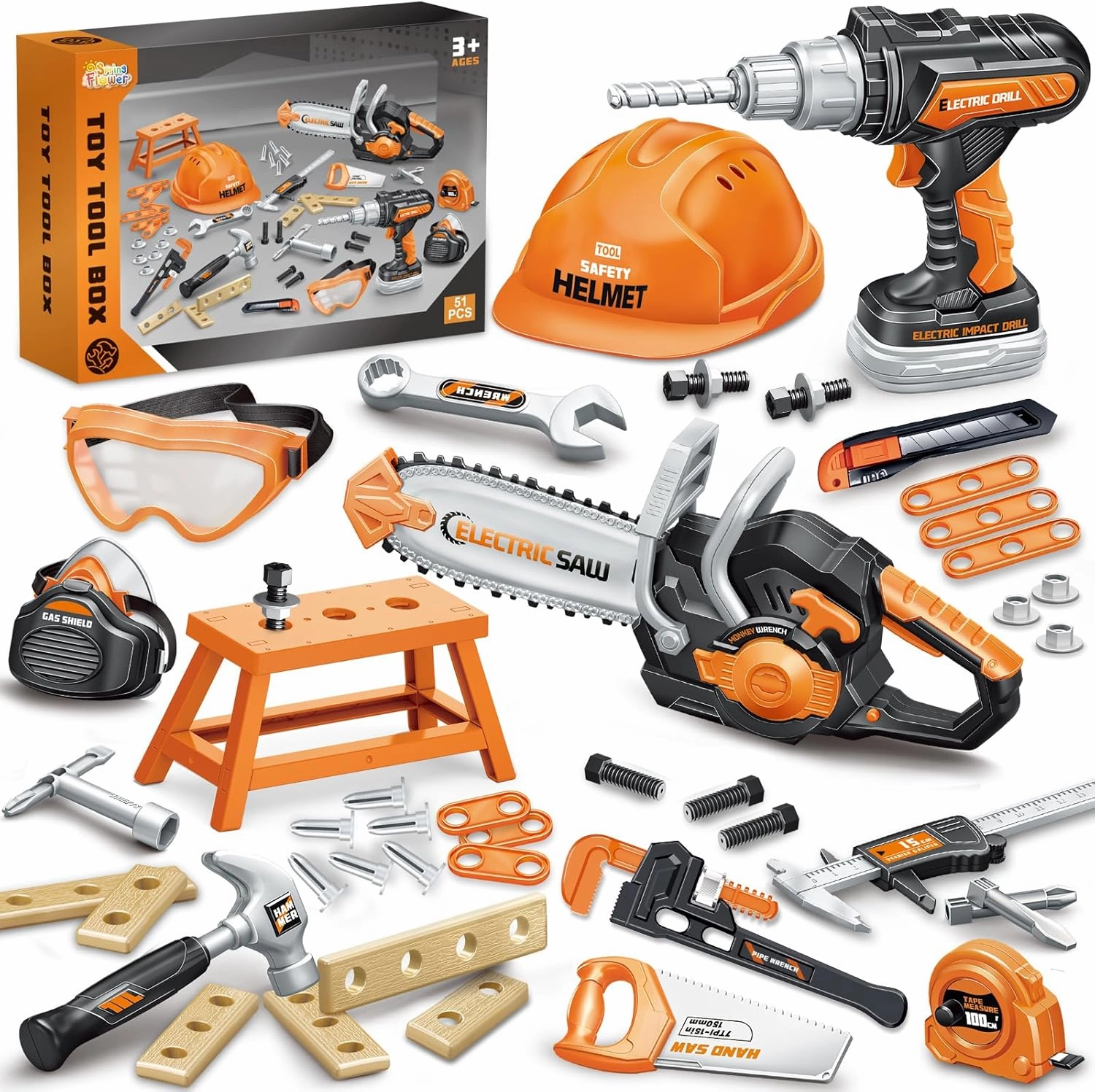 SpringFlower 51Pcs Kids Tool Set with Toy Chainsaw& Electronic Drill Toy, Toddler Tool Set, Construction Toys Tool for Kids age3,4,5,6,7,8, Tool Kit Toy for Christmas Birthday Gifts