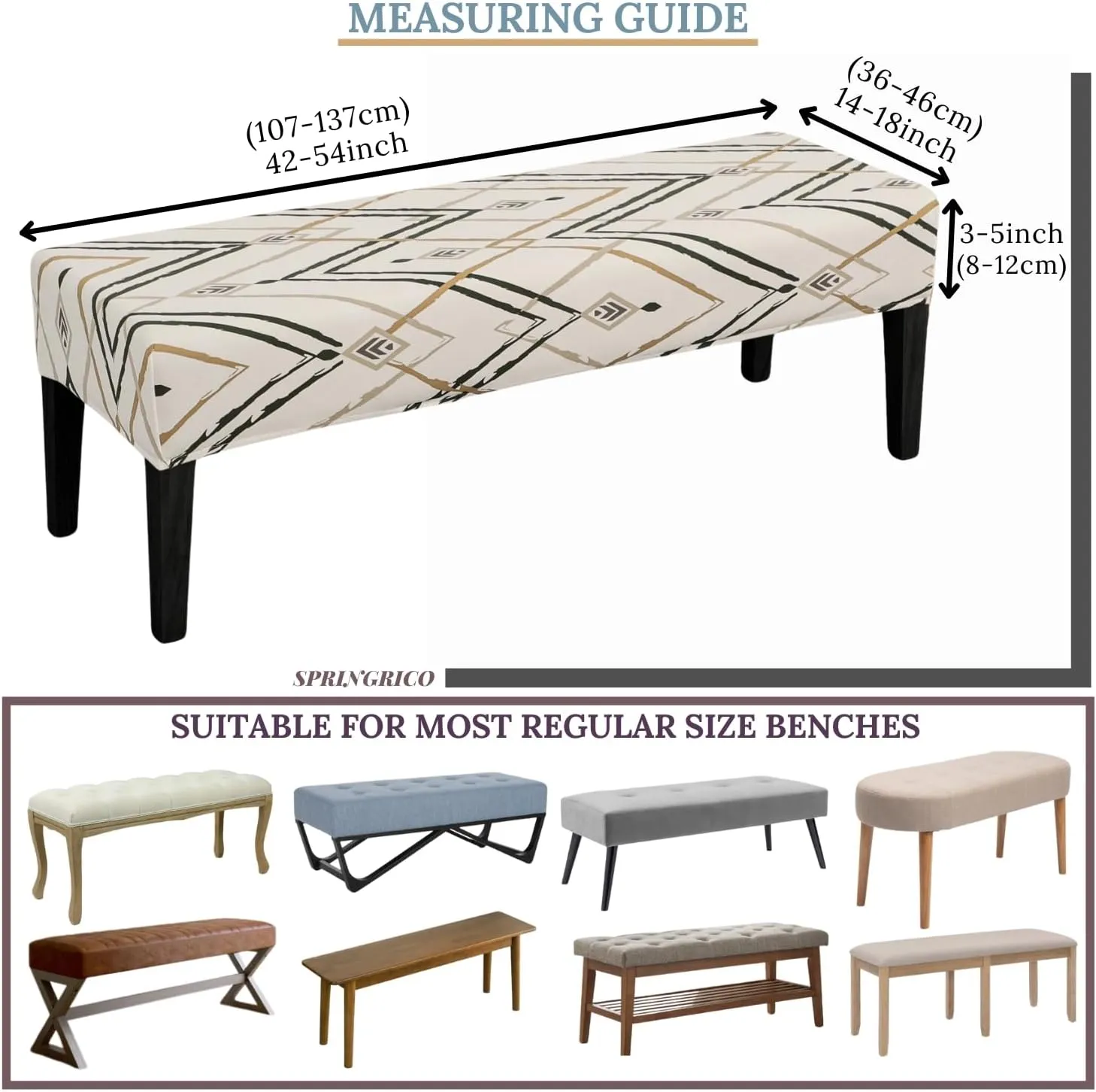 SPRINGRICO Stretch Dining Bench Cover, Removable Bench Slipcover Washable Bench Seat Protector Rectangle Bench Cover for Dining Room, Living Room, Bedroom, Kitchen (Lucid Calm)