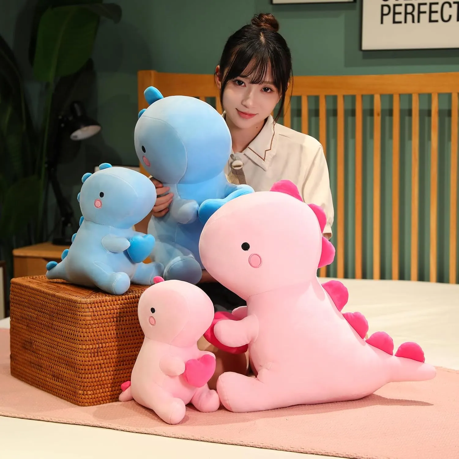 SQEQE Dinosaur Stuffed Animal, Loving Soft Dino Plush Toys with Holding Heart for Valentine Day, Sweet Romantic Anniversary Birthday Gift for Her Girls Boys Girlfriend(Blue,12 inch)