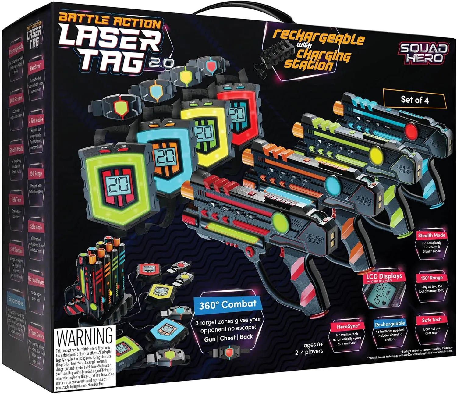 Squad Hero Rechargeable Laser Tag 360° Sensors   LCDs - Set of 4 - Easter Gift Ideas for Kids Teens and Adults Boys & Girls Family Fun - Cool Teenage Lazer Group Activity, Teen Gifts Ages 8  Year Old