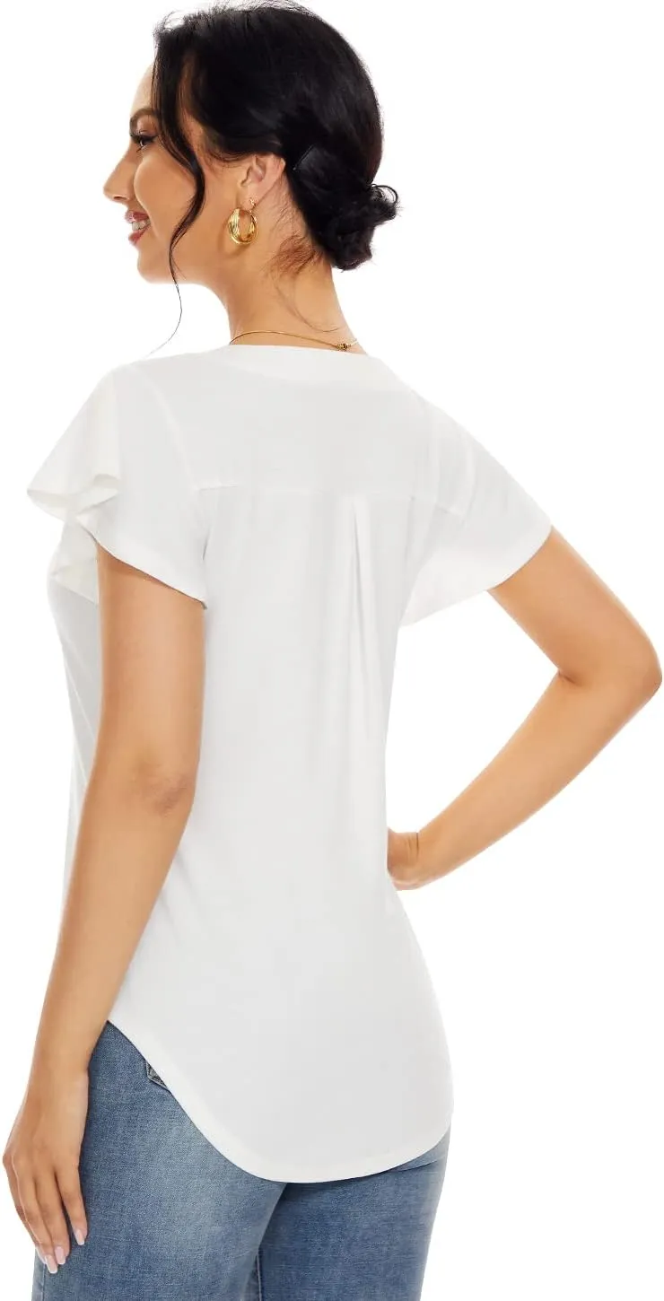 Star Vibe 3 Pack Women's V-Neck T-Shirts Short Sleeve Summer Tops Casual Ruffle Sleeve Tee Shirt Slim Fit Blouses