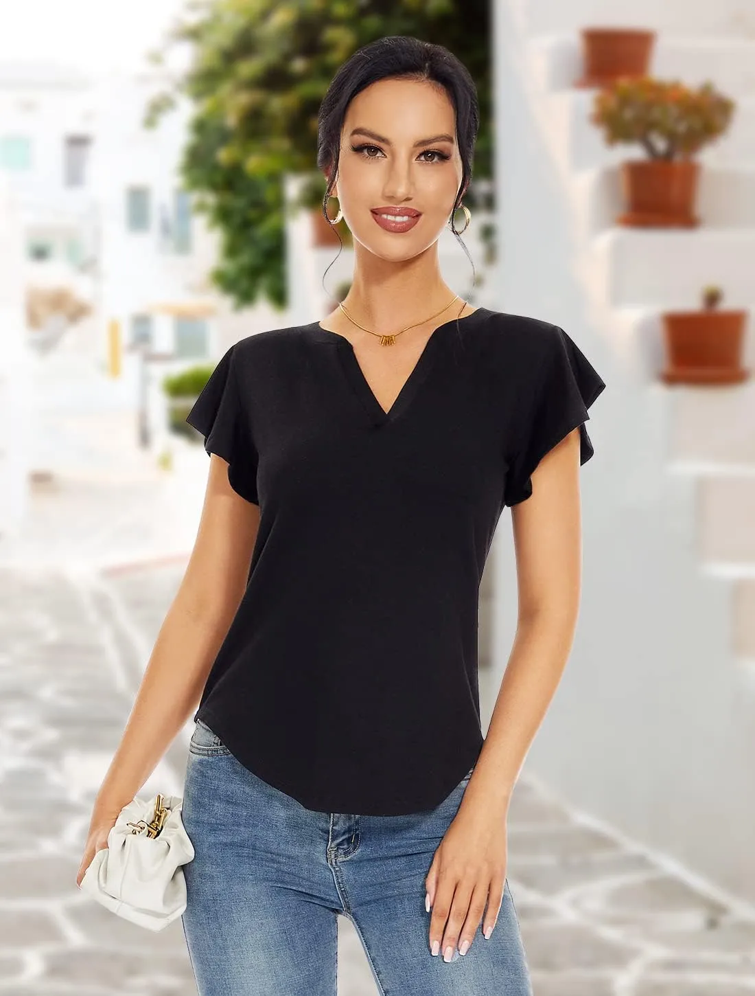 Star Vibe 3 Pack Women's V-Neck T-Shirts Short Sleeve Summer Tops Casual Ruffle Sleeve Tee Shirt Slim Fit Blouses