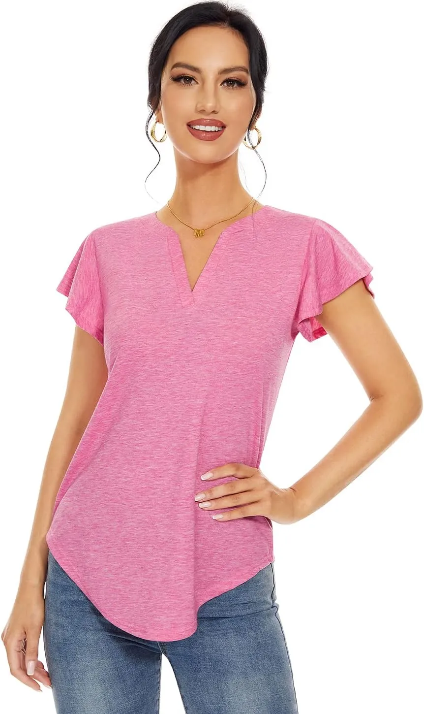 Star Vibe 3 Pack Women's V-Neck T-Shirts Short Sleeve Summer Tops Casual Ruffle Sleeve Tee Shirt Slim Fit Blouses