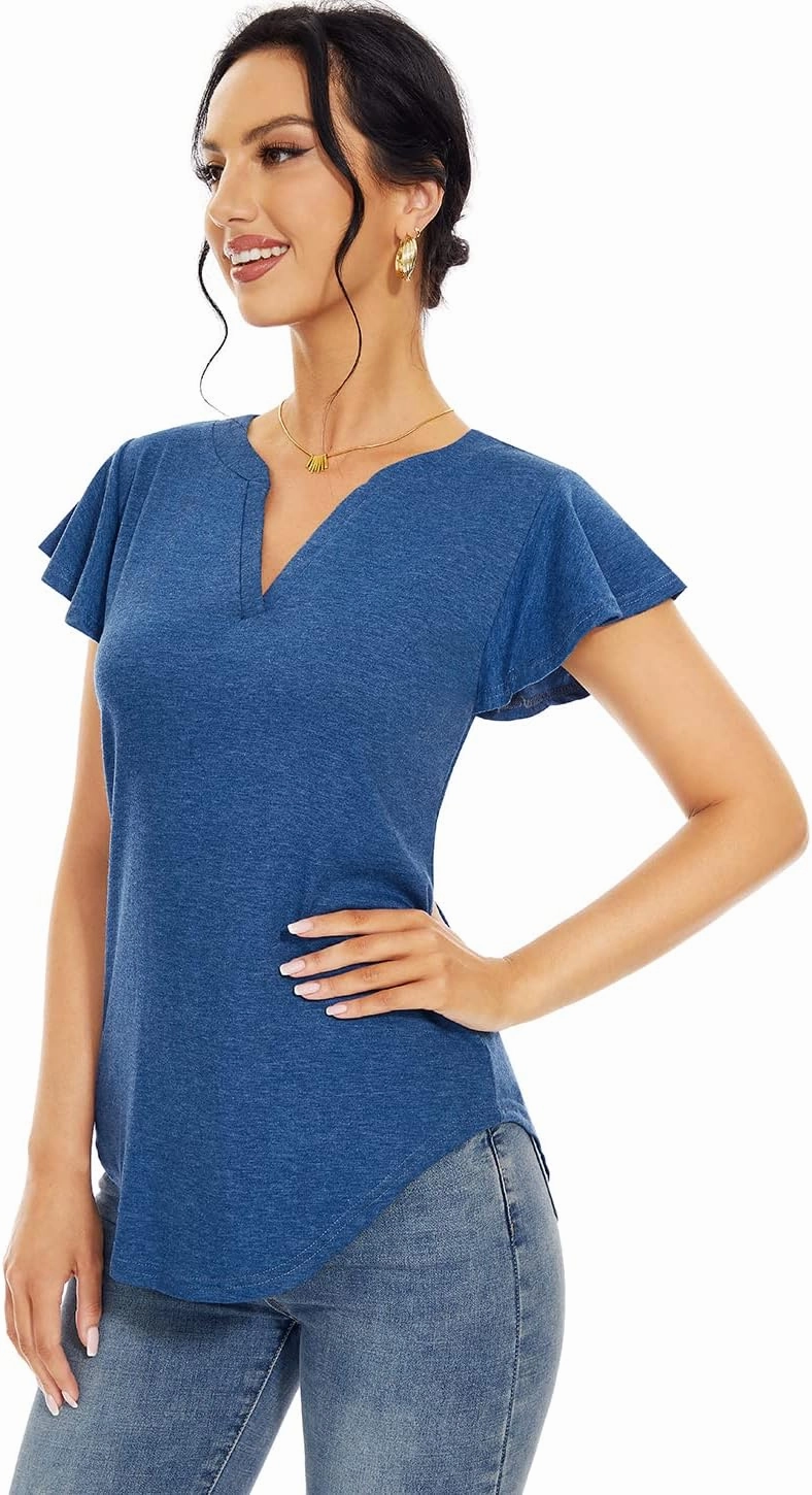 Star Vibe 3 Pack Women's V-Neck T-Shirts Short Sleeve Summer Tops Casual Ruffle Sleeve Tee Shirt Slim Fit Blouses