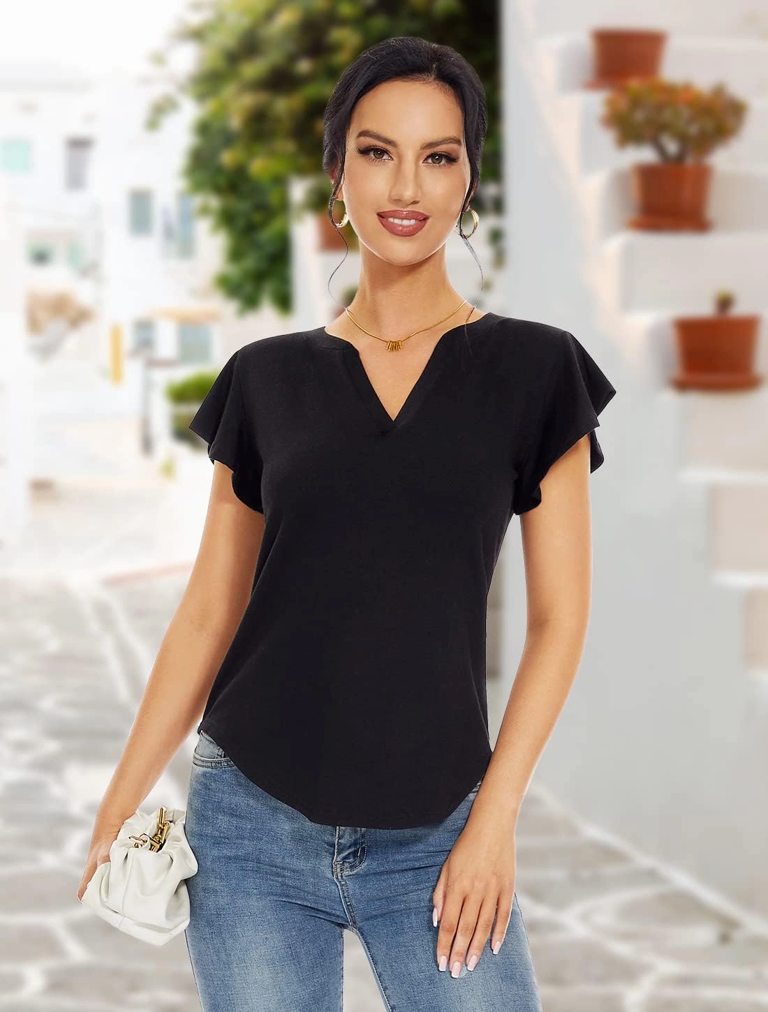Star Vibe 3 Pack Women's V-Neck T-Shirts Short Sleeve Summer Tops Casual Ruffle Sleeve Tee Shirt Slim Fit Blouses