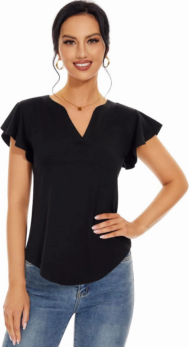 Star Vibe 3 Pack Women's V-Neck T-Shirts Short Sleeve Summer Tops Casual Ruffle Sleeve Tee Shirt Slim Fit Blouses