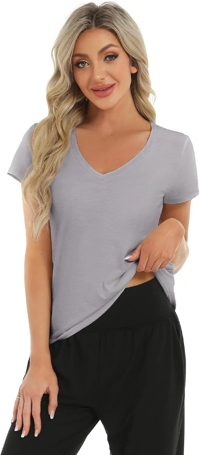 Stelle Womens Modal Soft T Shirts Short Sleeve V Neck Basic Tee Casual Loose Fit Tops Lightweight Soft Summer Outfits Clothes