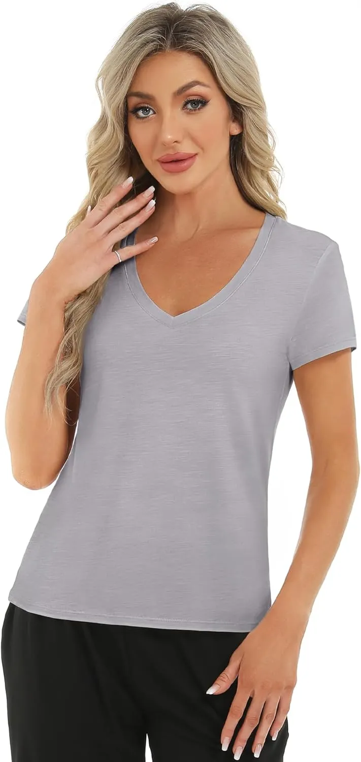 Stelle Womens Modal Soft T Shirts Short Sleeve V Neck Basic Tee Casual Loose Fit Tops Lightweight Soft Summer Outfits Clothes