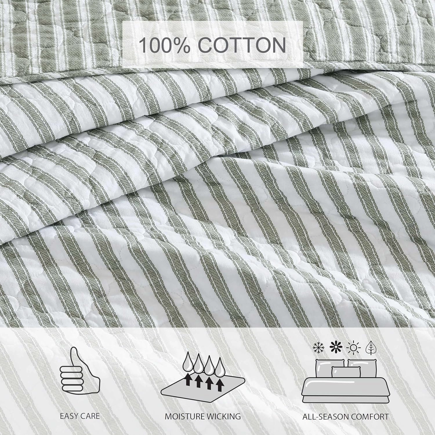 Stone Cottage - Twin Quilt Set, Reversible Cotton Bedding with Matching Shams, Striped Ideal Bedding Set (Willow Way Green, Twin)