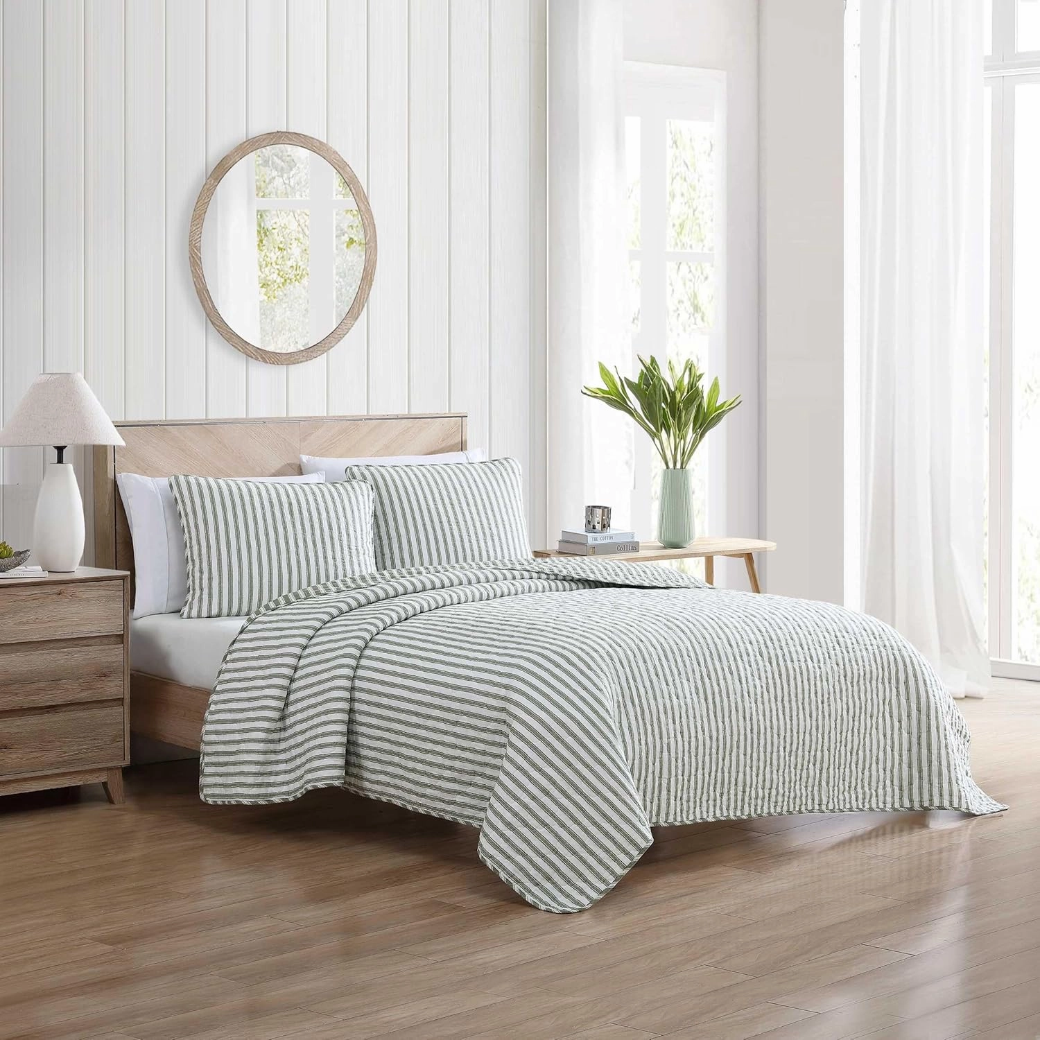 Stone Cottage - Twin Quilt Set, Reversible Cotton Bedding with Matching Shams, Striped Ideal Bedding Set (Willow Way Green, Twin)