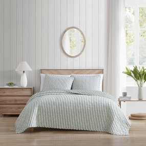 Stone Cottage - Twin Quilt Set, Reversible Cotton Bedding with Matching Shams, Striped Ideal Bedding Set (Willow Way Green, Twin)