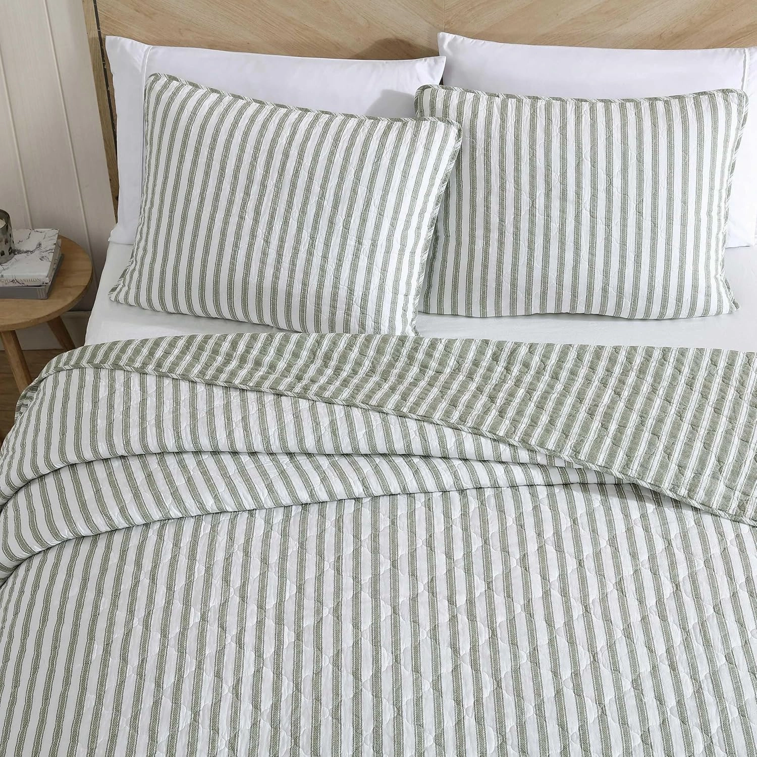 Stone Cottage - Twin Quilt Set, Reversible Cotton Bedding with Matching Shams, Striped Ideal Bedding Set (Willow Way Green, Twin)