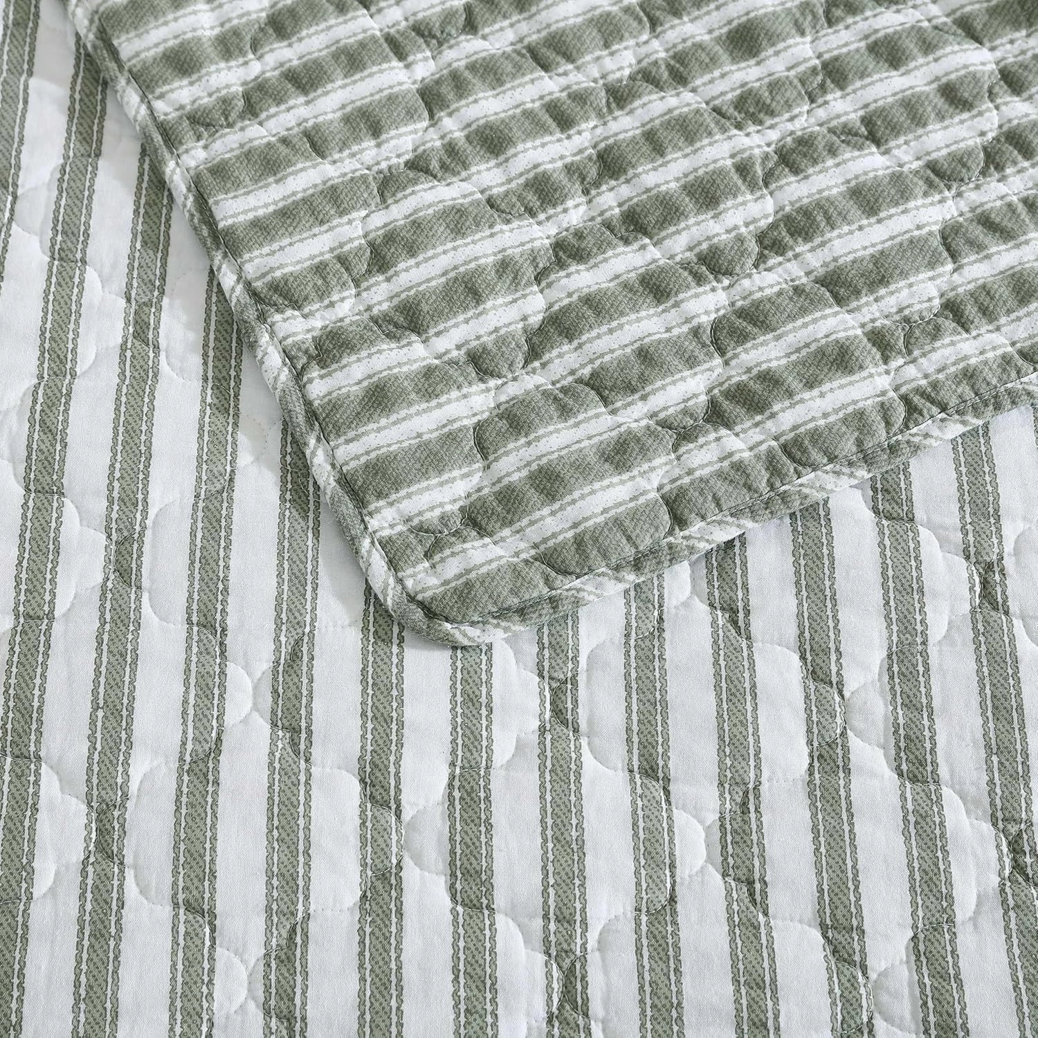 Stone Cottage - Twin Quilt Set, Reversible Cotton Bedding with Matching Shams, Striped Ideal Bedding Set (Willow Way Green, Twin)