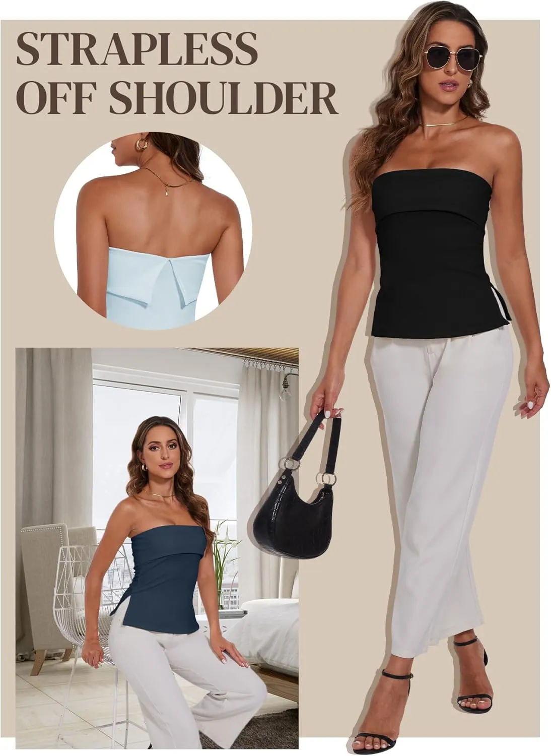 Strapless Tube Tops for Women Backless Going Out Bandeau Top Sexy Trendy Off Shoulder Side Split Summer Bustier Tops